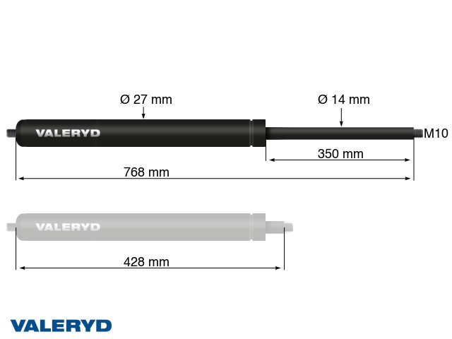 Gasfeder Arctic L = 768 mm, L zusammengedrückt = 428 mm, 1600N, Ø27/14 mm, M10