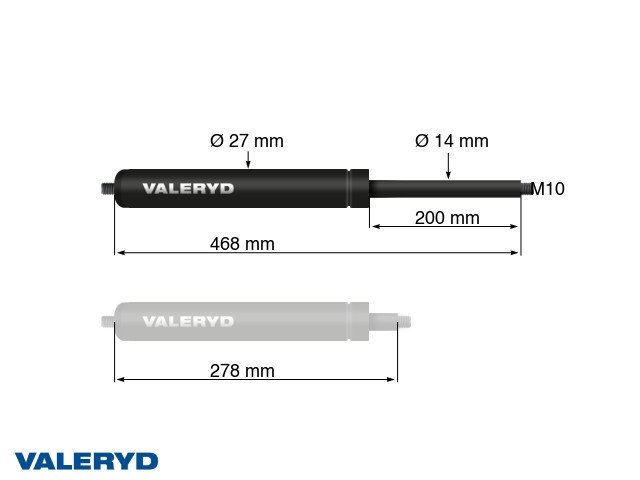 Gasfeder Arctic L = 468 mm, L zusammengedrückt = 278 mm, 1300N, Ø27/14 mm, M10