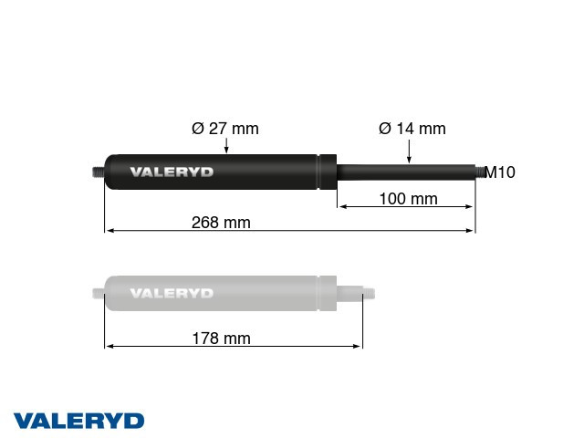Gasfeder Arctic L = 268 mm, L zusammengedrückt = 178 mm, 250N, Ø27/14 mm, M10
