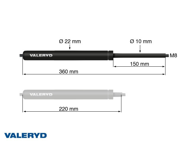 Gasfeder Arctic L = 360 mm, L zusammengedrückt = 220 mm, 450N, Ø22/10 mm, M8