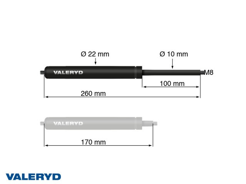 Gasfeder Arctic L = 260 mm, L zusammengedrückt = 170 mm, 800N, Ø22/10 mm, M8