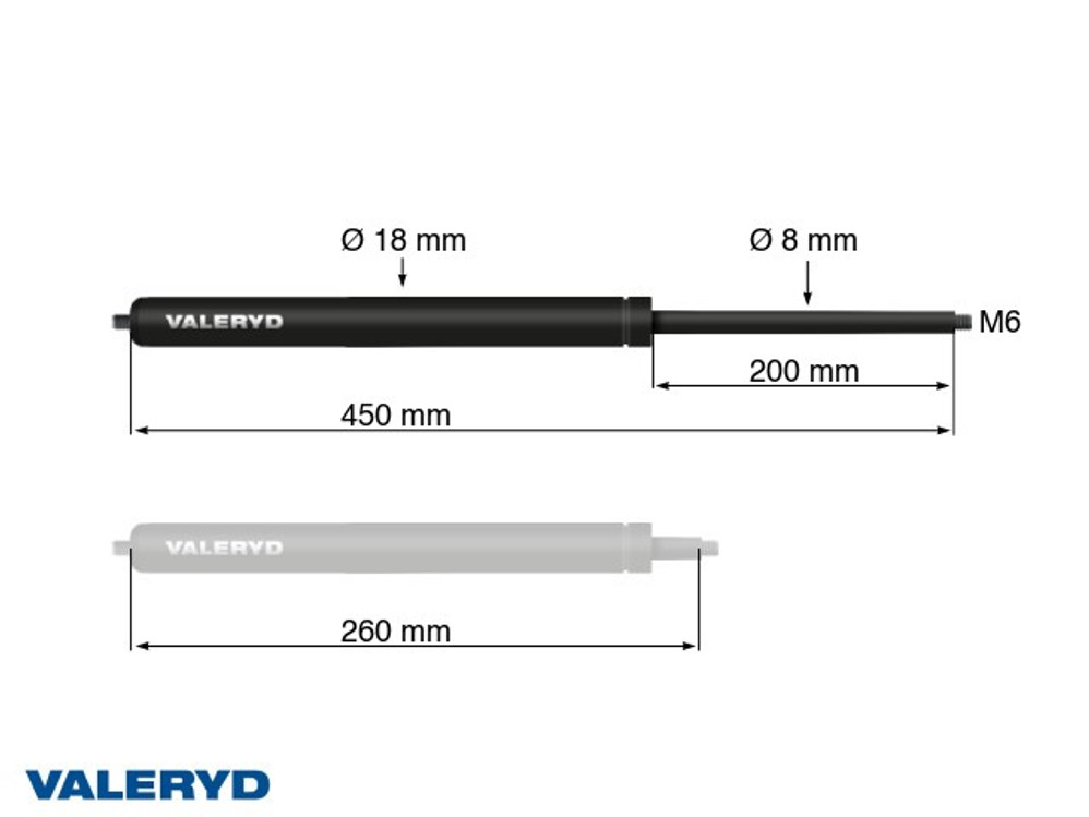 Gas spring Arctic L = 450 mm, L compressed = 260 mm, 650N, Ø18/8 mm, M6