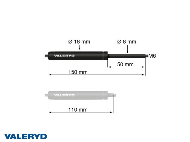 Gasfeder Arctic L = 150 mm, L zusammengedrückt = 110 mm, 650N, Ø18/8 mm, M6