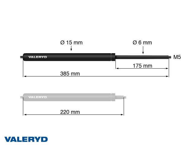 Gasfeder Arctic L = 385 mm, L zusammengedrückt = 220 mm, 125N, Ø15/6 mm, M5