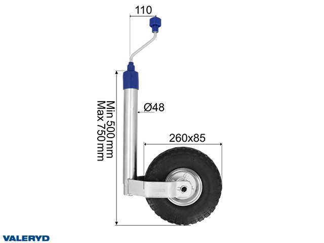 Podporni kotač Ø48mm sa celicnom felgom i gumom na zrak 260x85mm.max opterecenje 136Kg