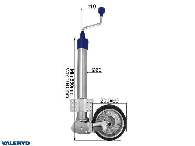 Stützrad Ø60mm Aut.klappbar 200x60mm, Höhe 550mm, Stützlast 250Kg. Halterung flach