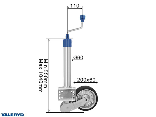 Stützrad Ø60mm  Aut.klappbar 200x60, Höhe 550mm, Stützlast 250 Kg, chromglänzend(V2A)