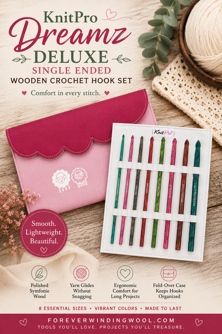 KnitPro Dreamz Deluxe Single Ended Wooden Crochet Hook Set, 8 essential sizes, vibrant colors, smooth lightweight wooden crochet hooks.