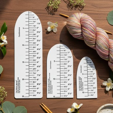 The Sock Ruler set with three white measuring tools and a skein of colorful yarn on a wooden surface surrounded by flowers and needles.