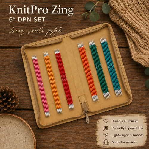 KnitPro Zing Double Pointed Needles Set 6" (15cm), 6 sizes, US 0-3, colorful needles in case, durable aluminum, smooth tips.