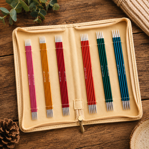 KnitPro Zing Double Pointed Needles Set 6" (15cm) in 6 sizes (US 0-3) with colorful knitting needles in pink, orange, red, green, blue.