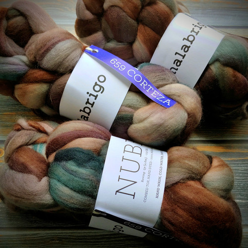 Malabrigo 100% Merino Wool Roving fiber, 4oz of earthy tones in brown, green, and beige, suitable for spinning and felting, Corteza color, Merino wool products.