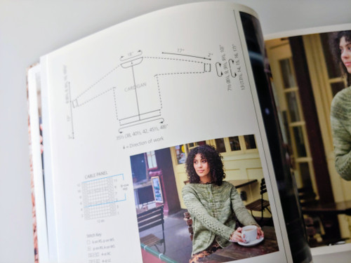 Malabrigo Rios & Washted knitting pattern book, softcover, 62 pages, featuring 14 intermediate designs, with a woman in a green sweater.