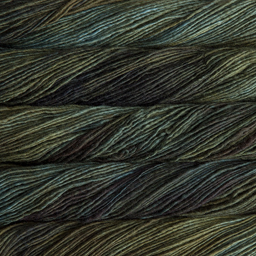 Malabrigo Worsted Olive yarn, earthy green merino wool skeins with dark green and brown tones, showcasing texture and color variation.