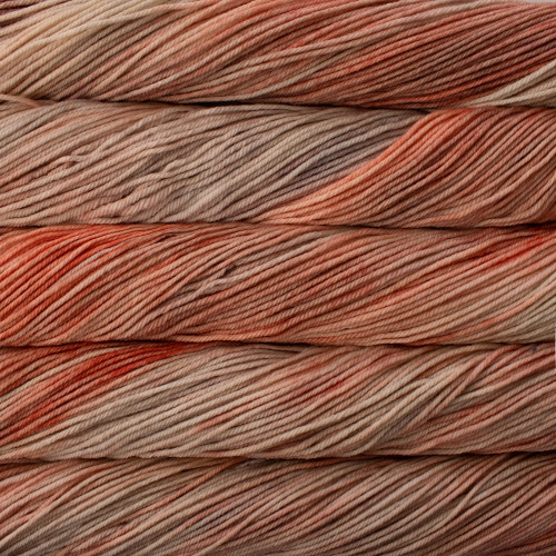 Malabrigo Rios RIO-262 Belinda Superwash Merino Worsted Yarn, a skein of peach, orange, and brown variegated yarn in a twisted format.