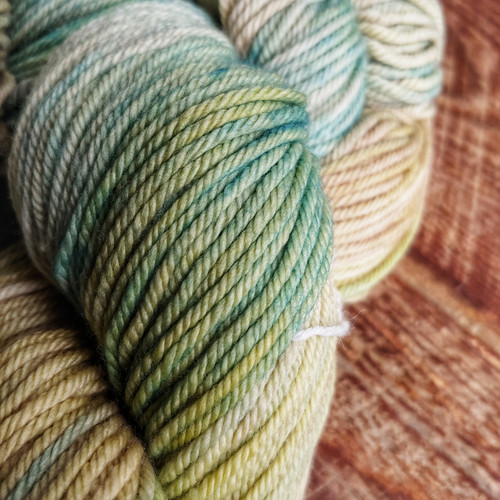 Malabrigo Rios Gardenia Superwash Merino Worsted Yarn skein in muted green, blue, and yellow hues, showcasing soft, chunky texture and subtle color variations.