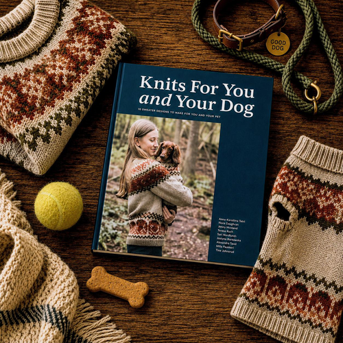 Knits for You and Your Dog book with sweater designs for humans and pets, surrounded by matching knitwear and pet accessories, on wooden background.