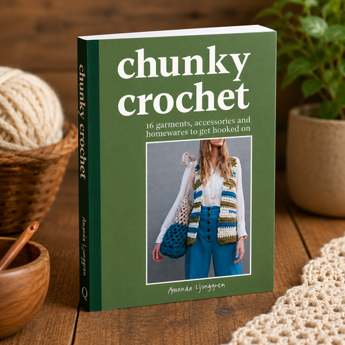Chunky Crochet book, 16 modern crochet patterns for garments, accessories and home décor, green cover with woman wearing colorful crochet outfit.