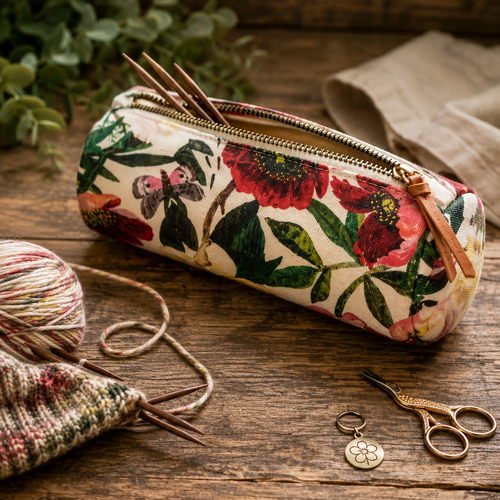 Bruno Visconti Canvas Knitting Notions Pouch with floral design, gold zipper, and knitting supplies on a wooden table, showcasing colorful yarn and tools.