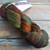 Malabrigo Rios Sagittarius Muted Rainbow Merino Yarn, multicolored skein with shades of green, orange, red, and brown, displayed on weathered wood.