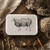 Glossy resin knitting notions tin with sheep illustration styled on rustic wood with wool and linen.