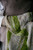 Green and white knitted scarf with intricate patterns, draped over a wooden rail, showcasing beautiful texture and color.