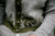 Close-up of a grey cardigan with green and white colourwork pattern, buttoned up with a green band and white buttons on front.