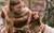 Woman and brown dachshund wearing matching cream, red, and yellow fair isle knit sweaters outdoors in nature together.
