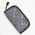 Lantern Moon Knit Aid Case, blue floral patterned pouch with black trim and tassel, white daisies, red centers on a blue background.
