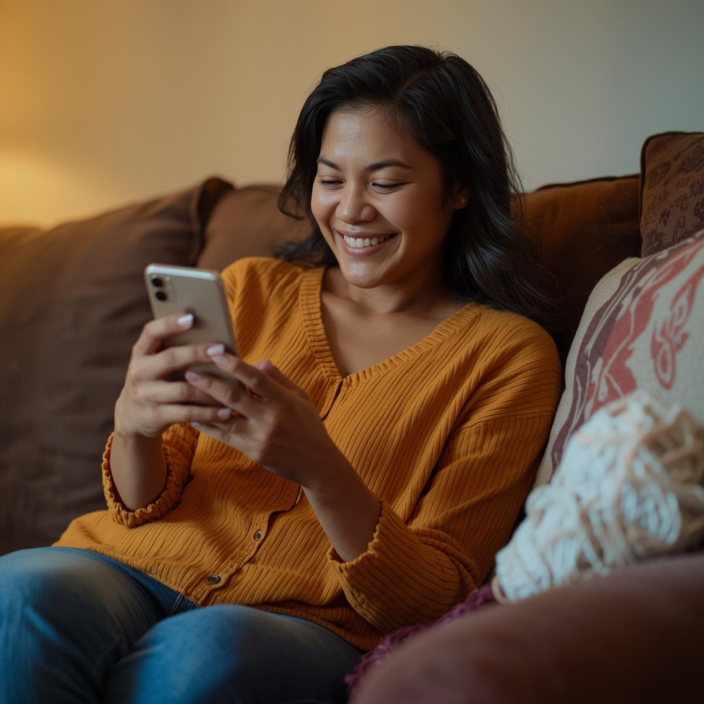 woman sitting on a couch with yarn beside her while looking at a cell phone.