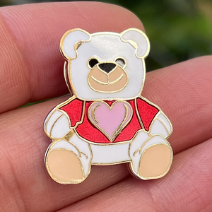 (SKU:442) Teddy Bear White with Pink Heart Lapel Pin