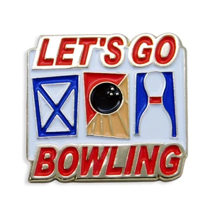 (SKU:100) Let's Go Bowling (icons) Lapel Pin in Brass Finish.