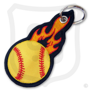 Flaming Softball with Grommet Key Ring Bag Tag Embroidered