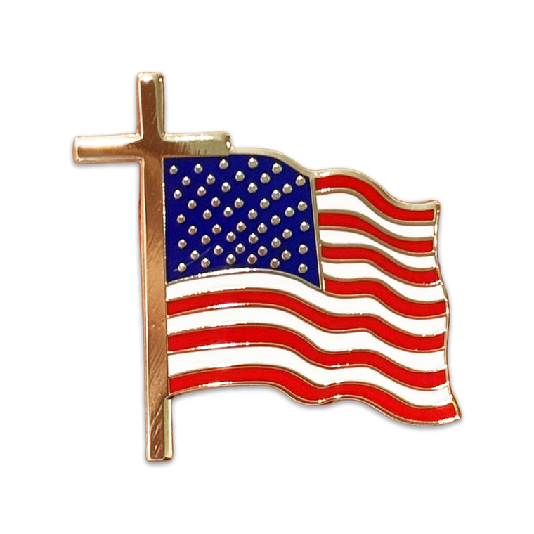 (SKU:1713) American Flag & Cross Pin in Gold Finish.