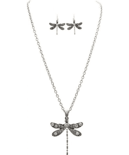 Silver Crystal Wings Dragonfly Necklace Set