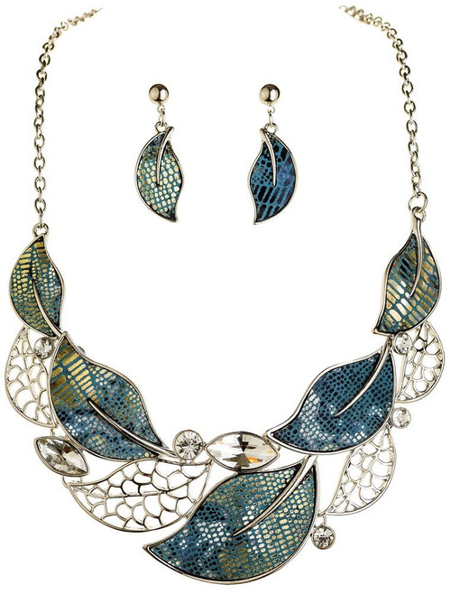 Silver Blue Metallic Leaves Necklace Silver Blue Metallic Leaves Necklace