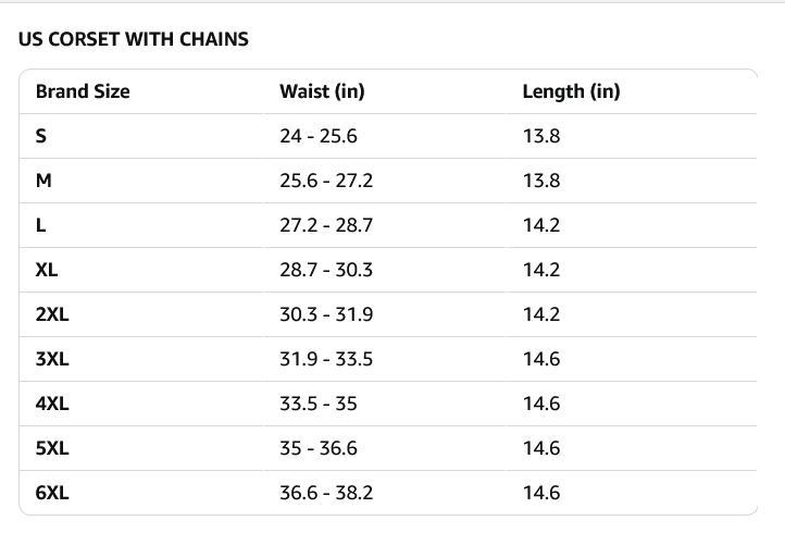 Corset Size Chart