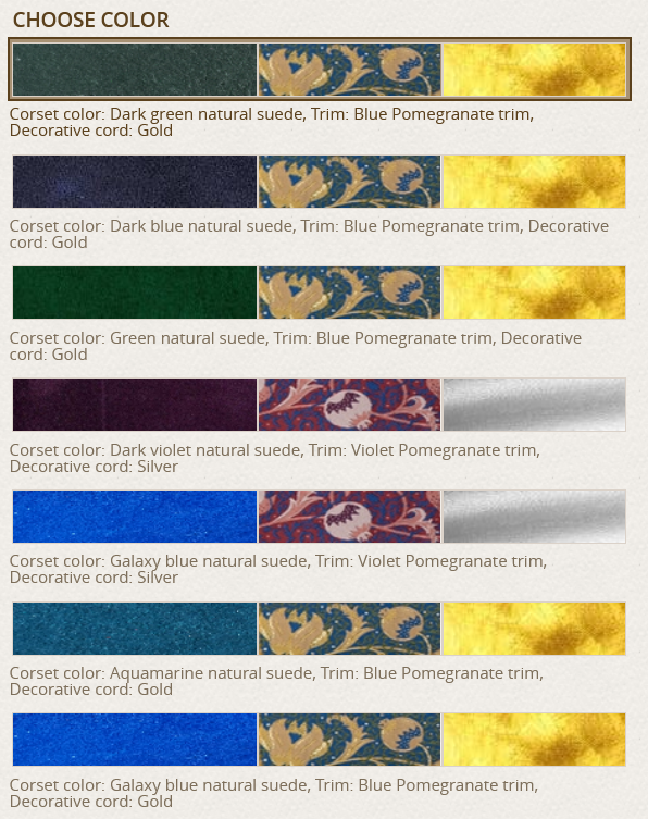 Lady of the Lake Corset Colors