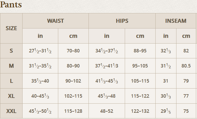 Pants Size chart