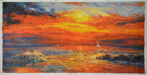 “Sunset on the Water” by FANG, Shujun, 2018.  Original Oil Painting on Canvas, Hand signed by FANG, Shujun (房树军).
