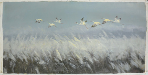 “Cranes in Flight” by FANG, Shujun, 2018.  Original Oil Painting on Canvas, Hand signed by FANG, Shujun (房树军).