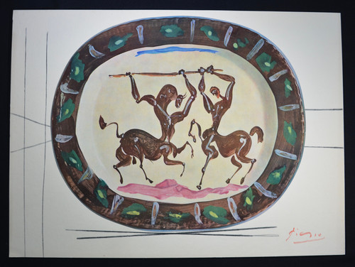 Pablo Picasso, “Ceramiques”, Signed Print (plate with two warriors on horses), 1948.  Hand Signed by Picasso.  With COA.