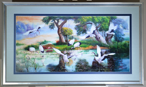 Framed.  Special Edition Print “Cranes at Sunset Around the Pond” by Hong Jinchun (洪金春).  Limited Open Edition of 100.