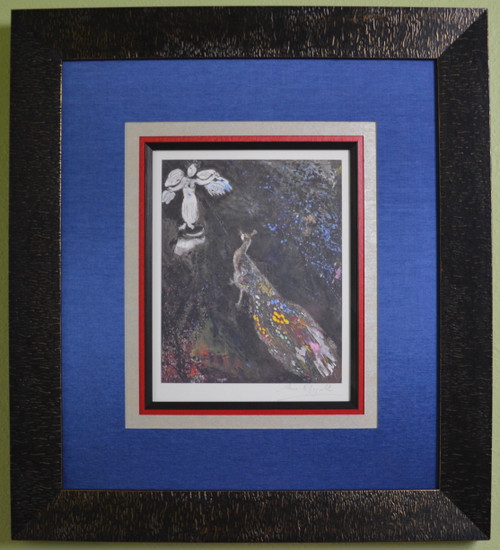 Framed. Hand Signed by Marc Chagall, Offset Lithograph “Juno and the peacock”, from a Special VIP book published in 1975.  With COA.