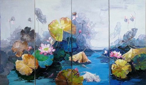 “Ascending Lotus Ensemble” by Tian Lu.  Four Panel Original Oil Painting on Canvas, Hand signed and dated 2018 by Tian Lu.