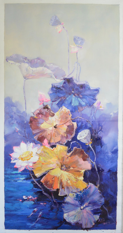 “Rising Lotus 1” by Tian Lu.  Original Oil Painting on Canvas, Hand signed and dated 2018 by Tian Lu.