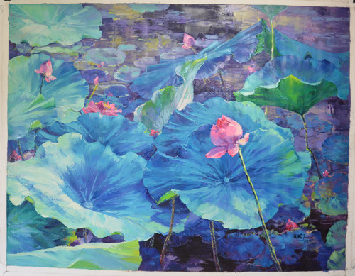 “Pond at Peace” by Tian Lu.  Original Oil Painting on Canvas, Hand signed and dated 2018 by Tian Lu.