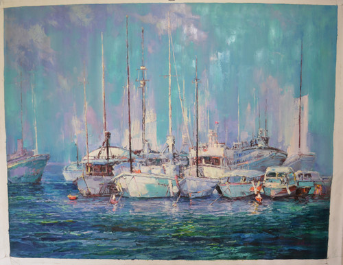 “Peaceful Harbor” by Tian Lu.  Original Oil Painting on Canvas, Hand signed and dated 2018 by Tian Lu.