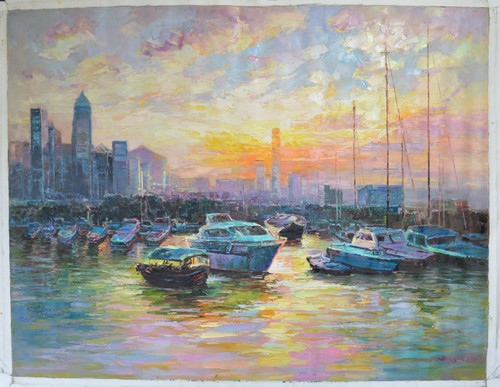 “First Light at Hong Kong Harbor” by Tian Lu.  Original Oil Painting on Canvas, Hand signed and dated 2018 by Tian Lu.