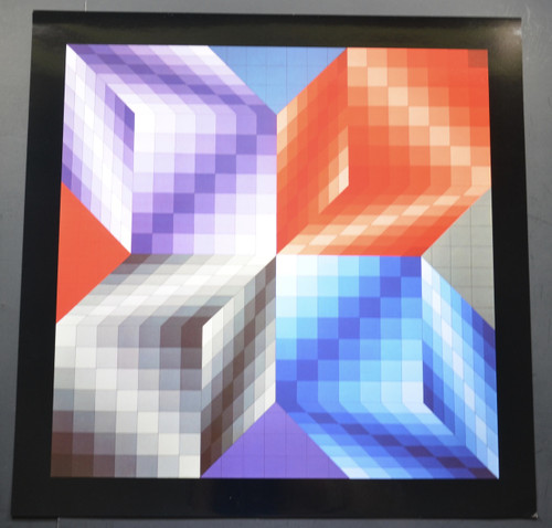 Victor Vasarely, PROGRESSIONS 3 – KUB-STRI; Four Cubic Shapes in Red, Blue, Purple, and Gray; Heliogravure Print from the “Progressions 3 Portfolio”; 1974.